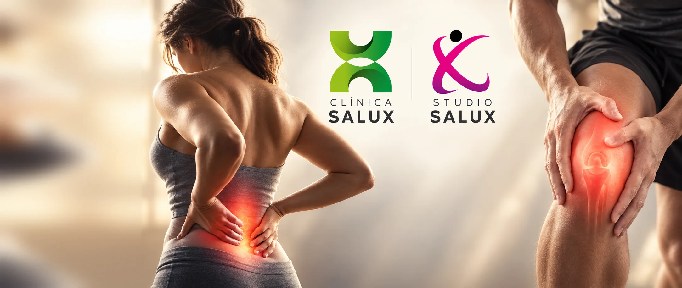 Dolor lumbar y dolor de rodilla, con las marcas de Clínica Salux y Studio Salux