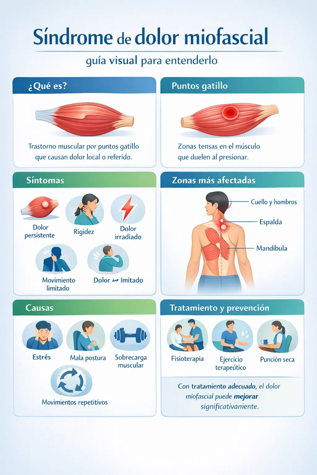 Infografía sobre el dolor miofascial sus causas y su tratamiento