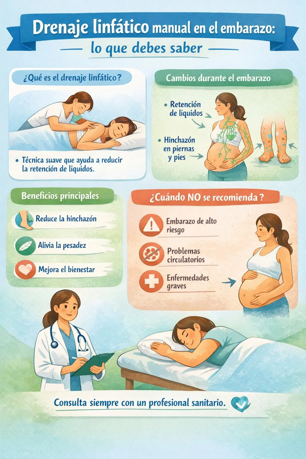 Infografía de cómo aplicar el drenaje linfático en el embarazo
