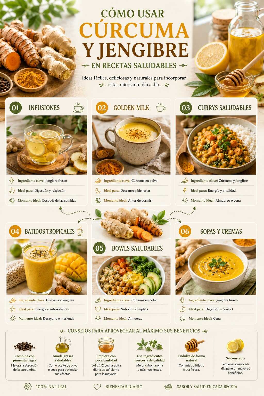 Infografía de cómo usar la cúrcuma y el jengibre en recetas saludables