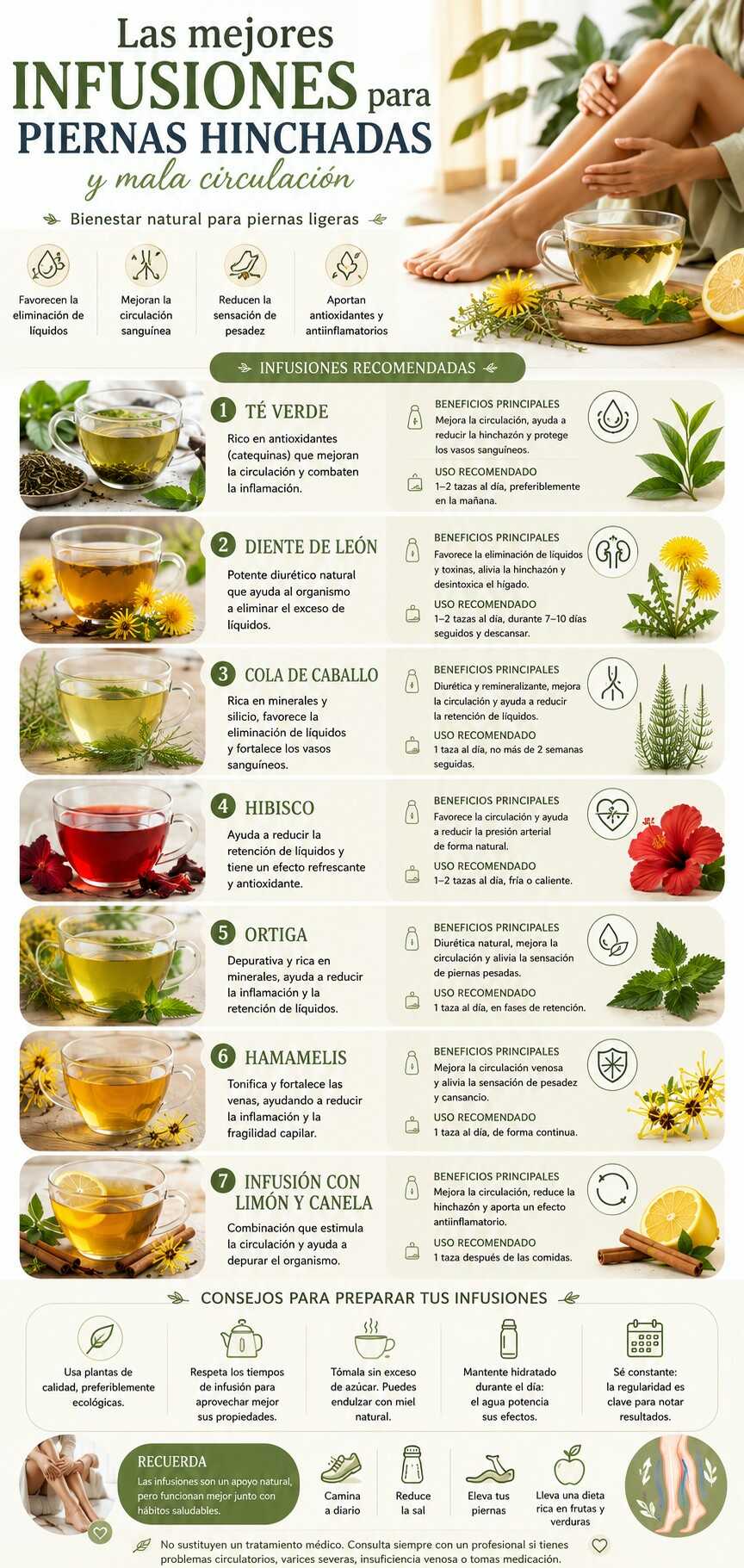 Infografía sobre las mejores infusiones para piernas hinchadas