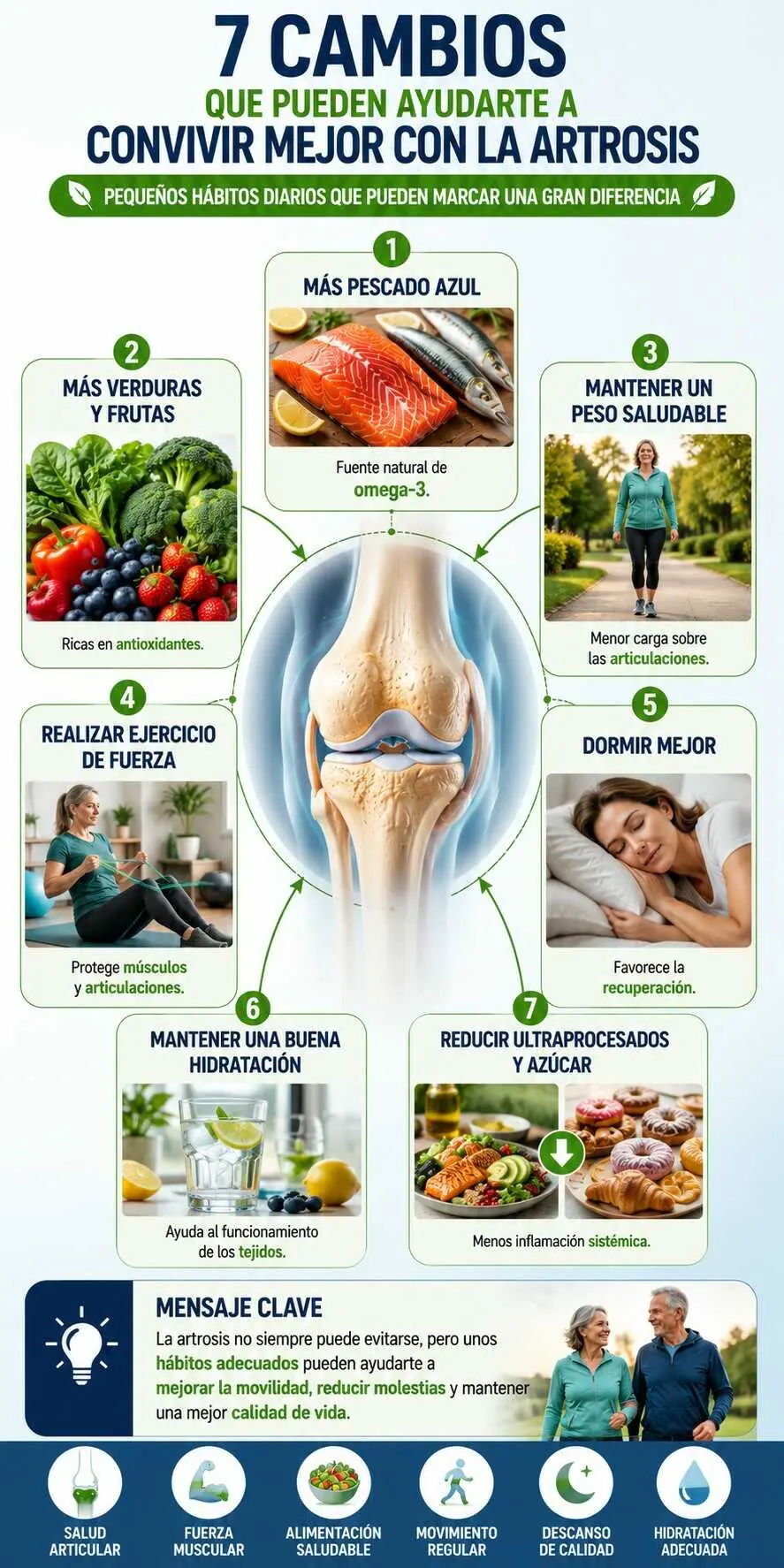 Infografía con hábitos saludables que ayudan a reducir el dolor y mejorar la calidad de vida de las personas con artrosis