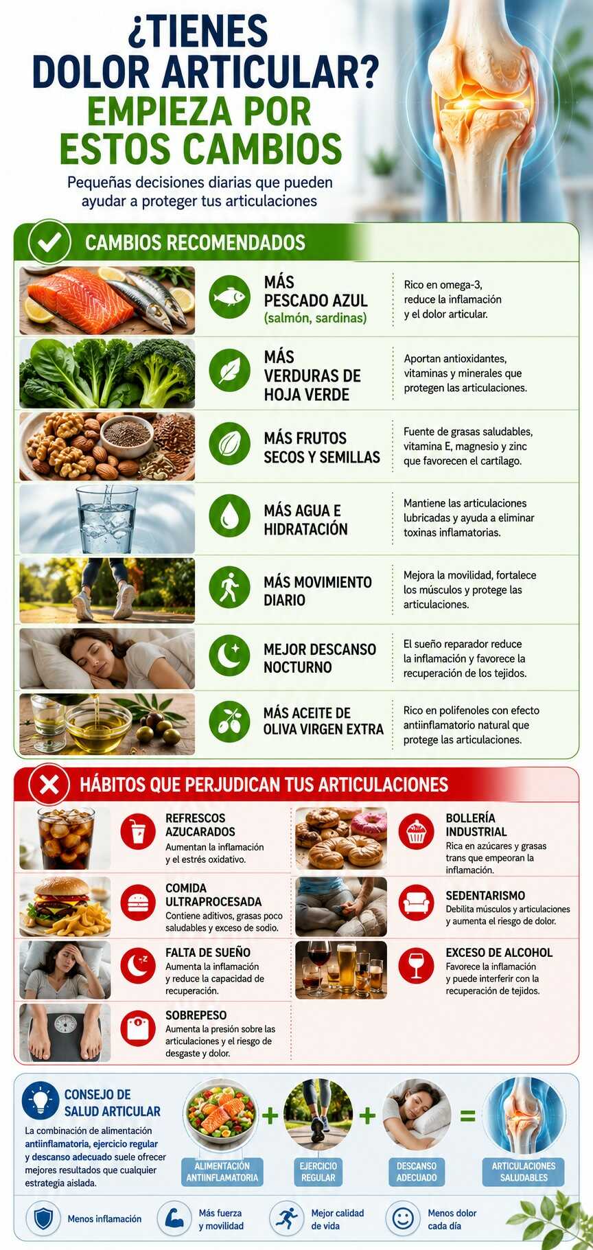 Infografía con hábitos saludables y alimentos recomendados para reducir el dolor articular y proteger las articulaciones
