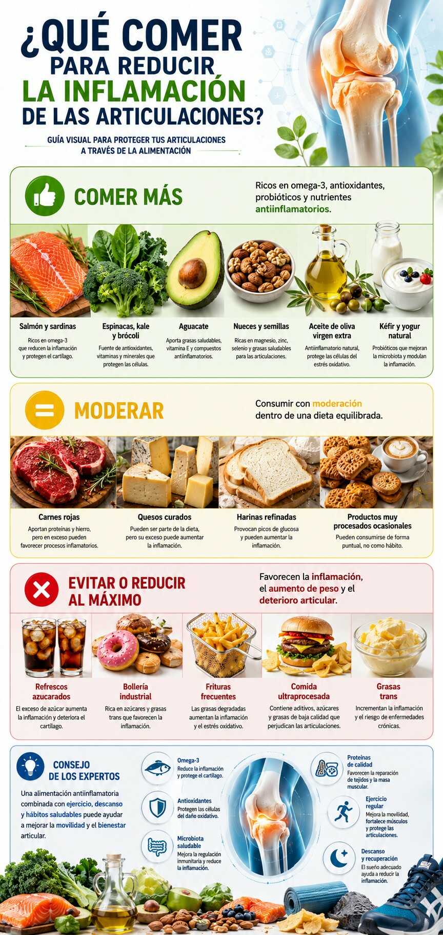 Infografía con alimentos recomendados y alimentos a evitar para reducir la inflamación de las articulaciones